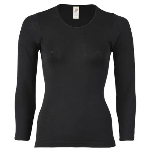 Langærmet Bluse, Uld/silke, Black | Str. 42/44