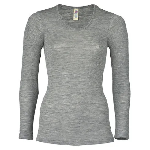 Langærmet Bluse, Uld/silke, Light Grey | Str. 42/44