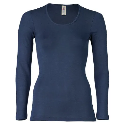 Langærmet Bluse, Uld/silke, Navy | Str. 46/48
