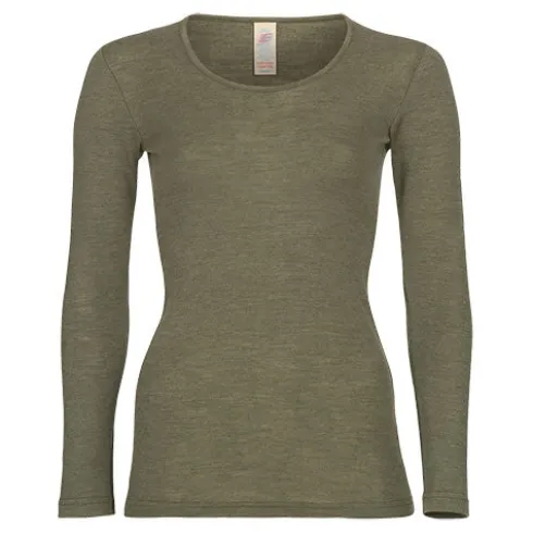 Langærmet Bluse, Uld/silke, Olive | Str. 46/48